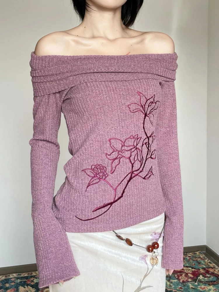 Embroidery Thread Yarn - Фиолетовые женские свитера с цветочной вышивкой,
